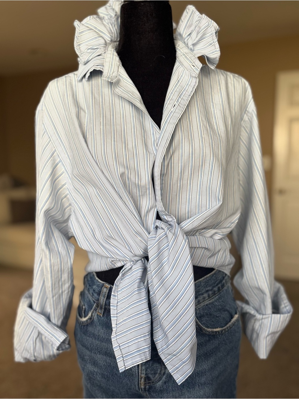 Reworked Polo Ralph Lauren Striped Shirt - Light Blue size L/Xl